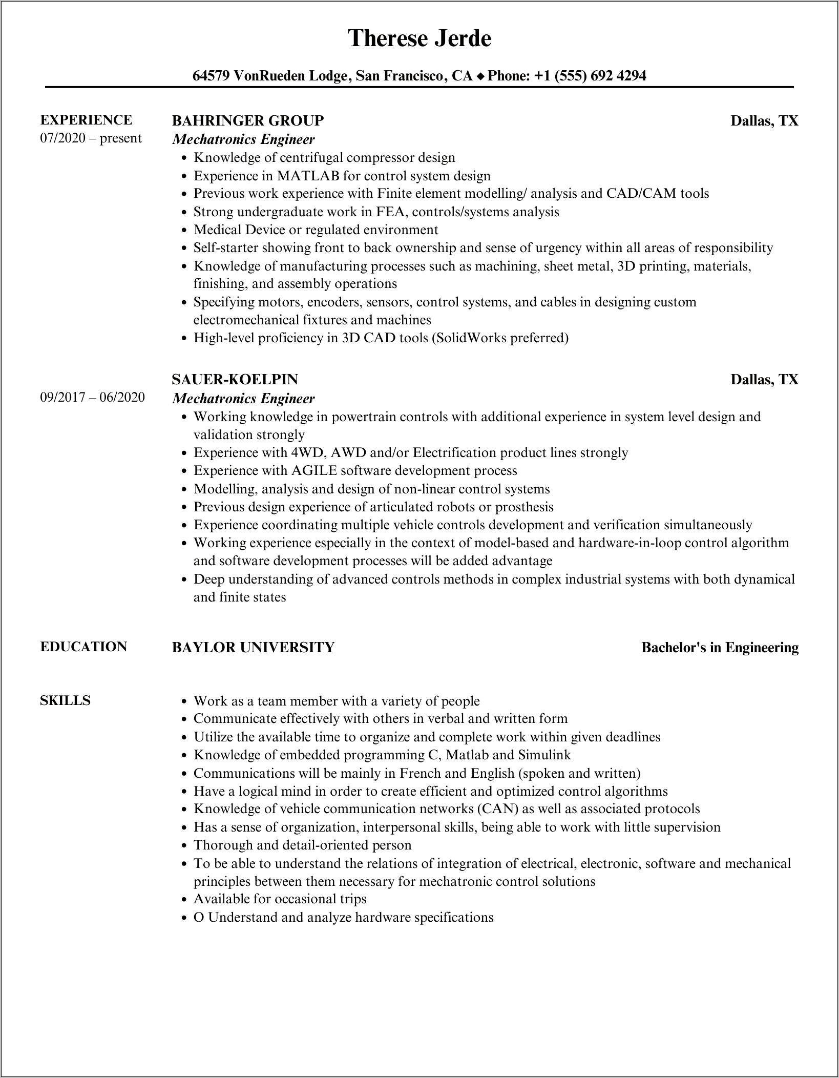 Resume Objective Example For Mechatronics