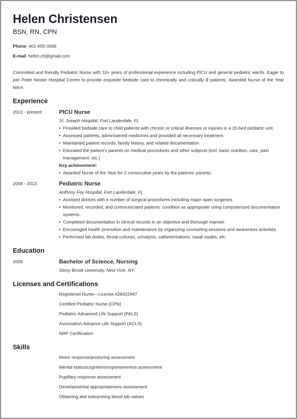 Resume Objective Example For Pediatrician