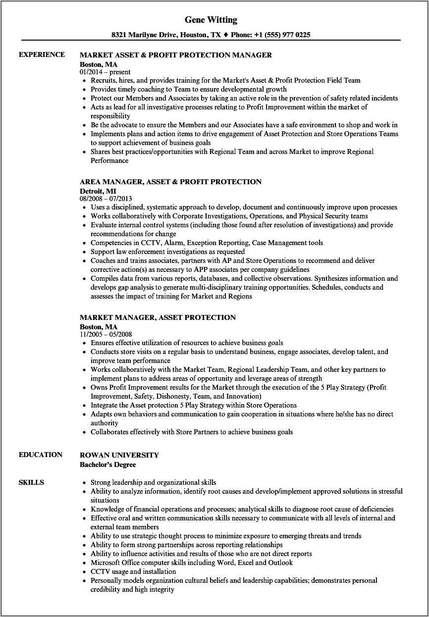 Resume Objective Examples Asset Protection