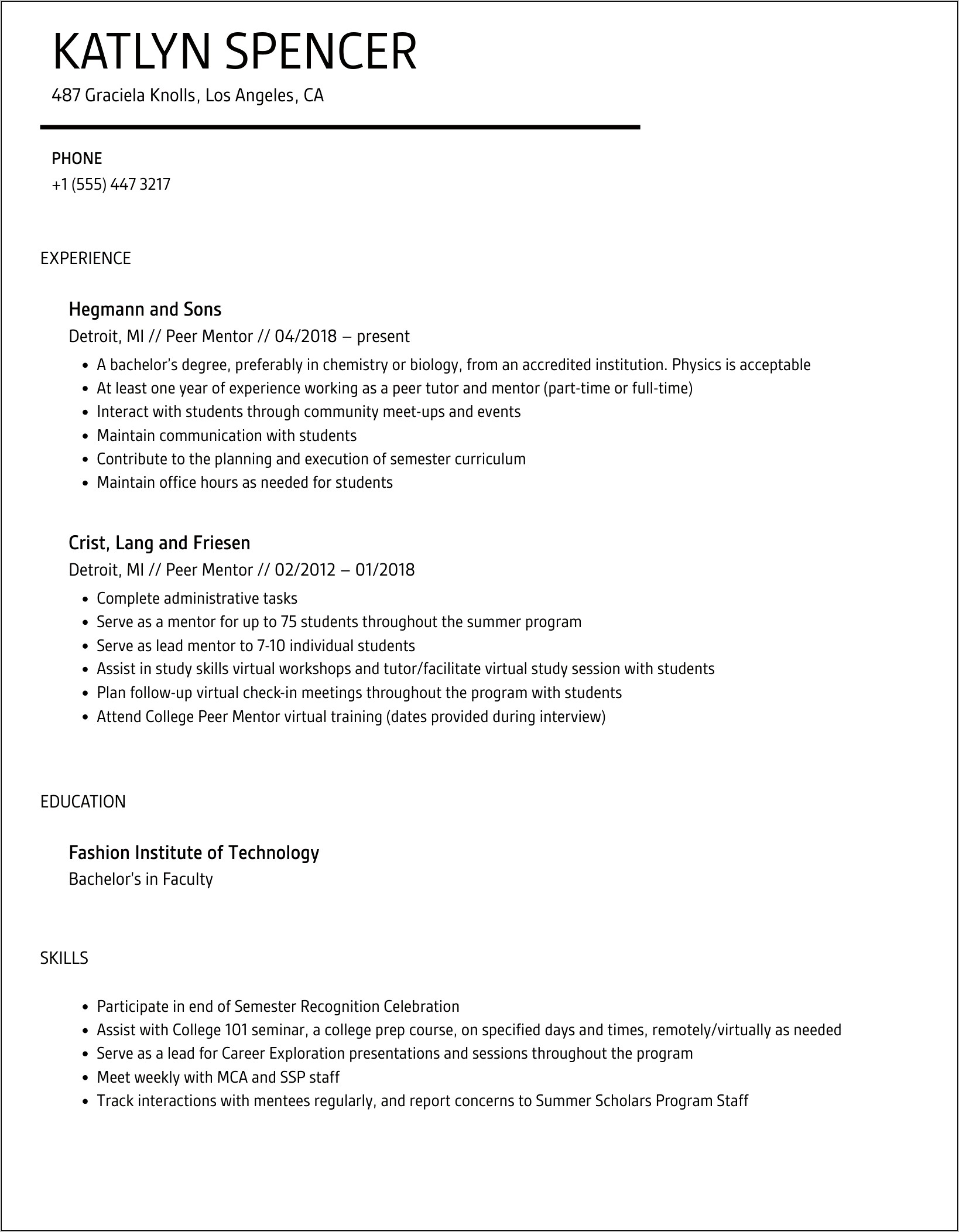 Resume Objective Examples For Mentoring