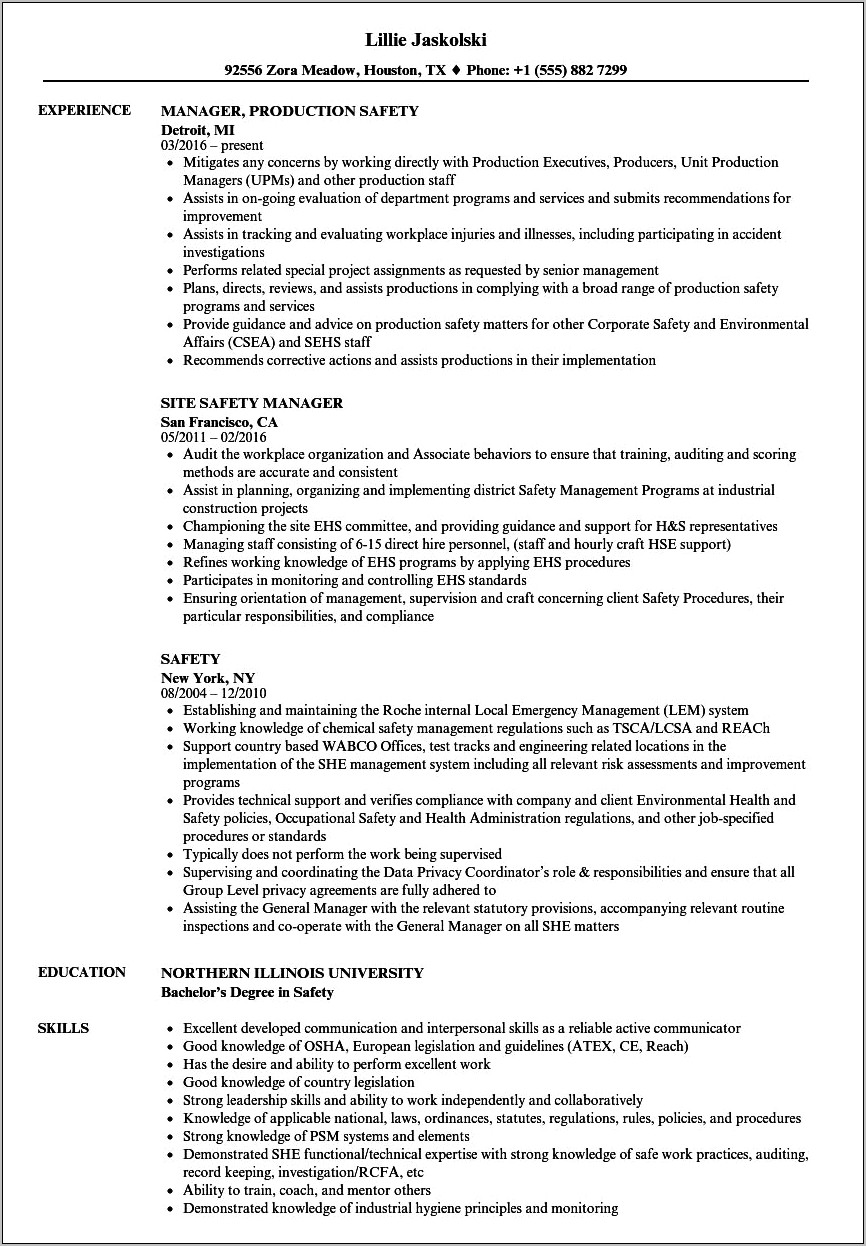 Resume Objective Examples For Safety