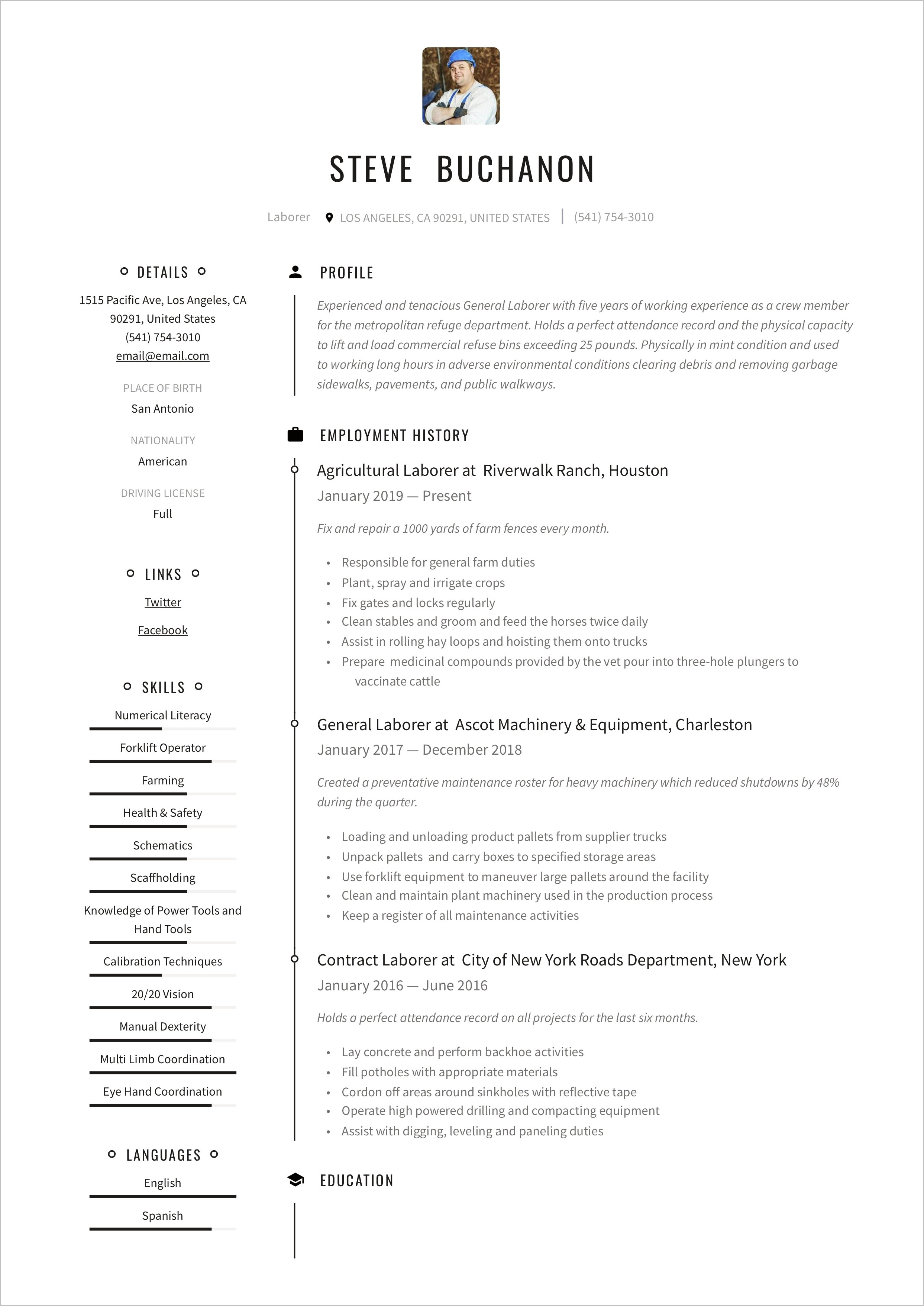 Resume Objective Examples General Labor