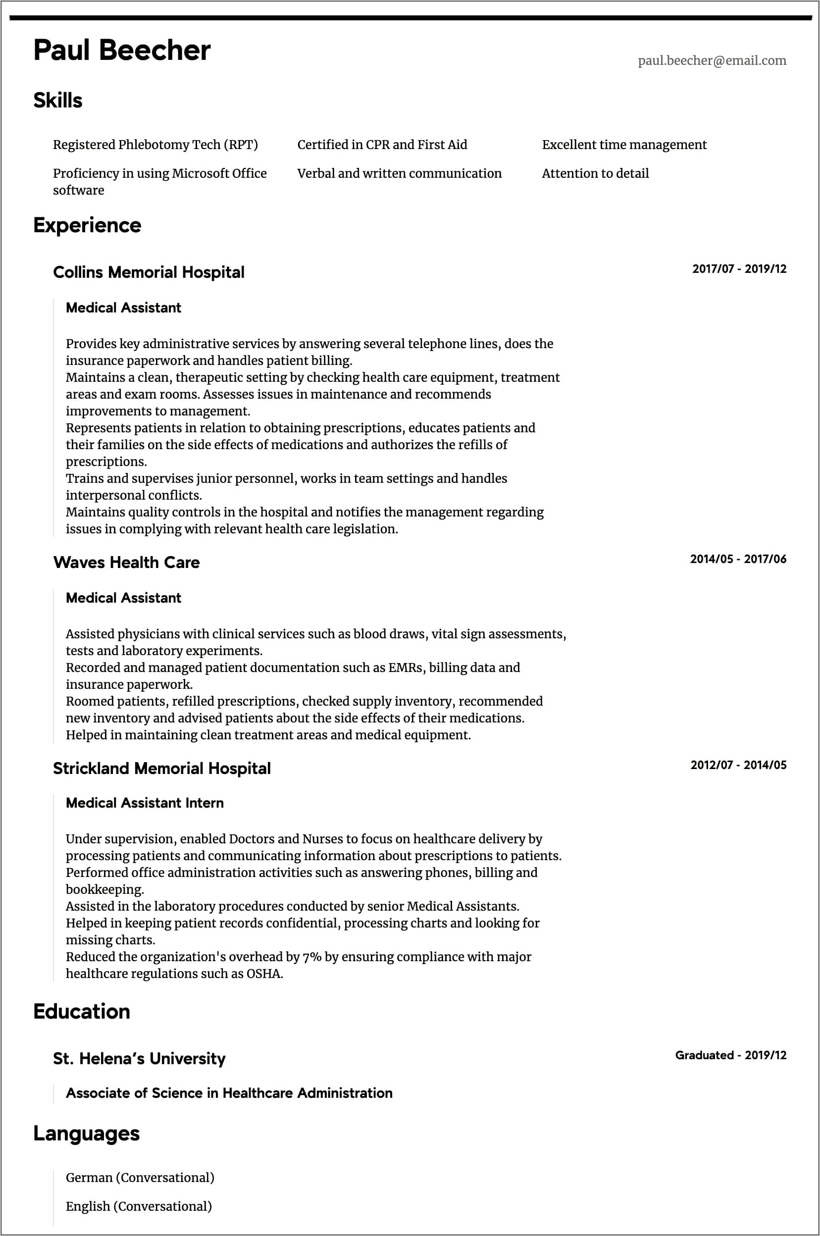Resume Objective Examples Healthcare Management