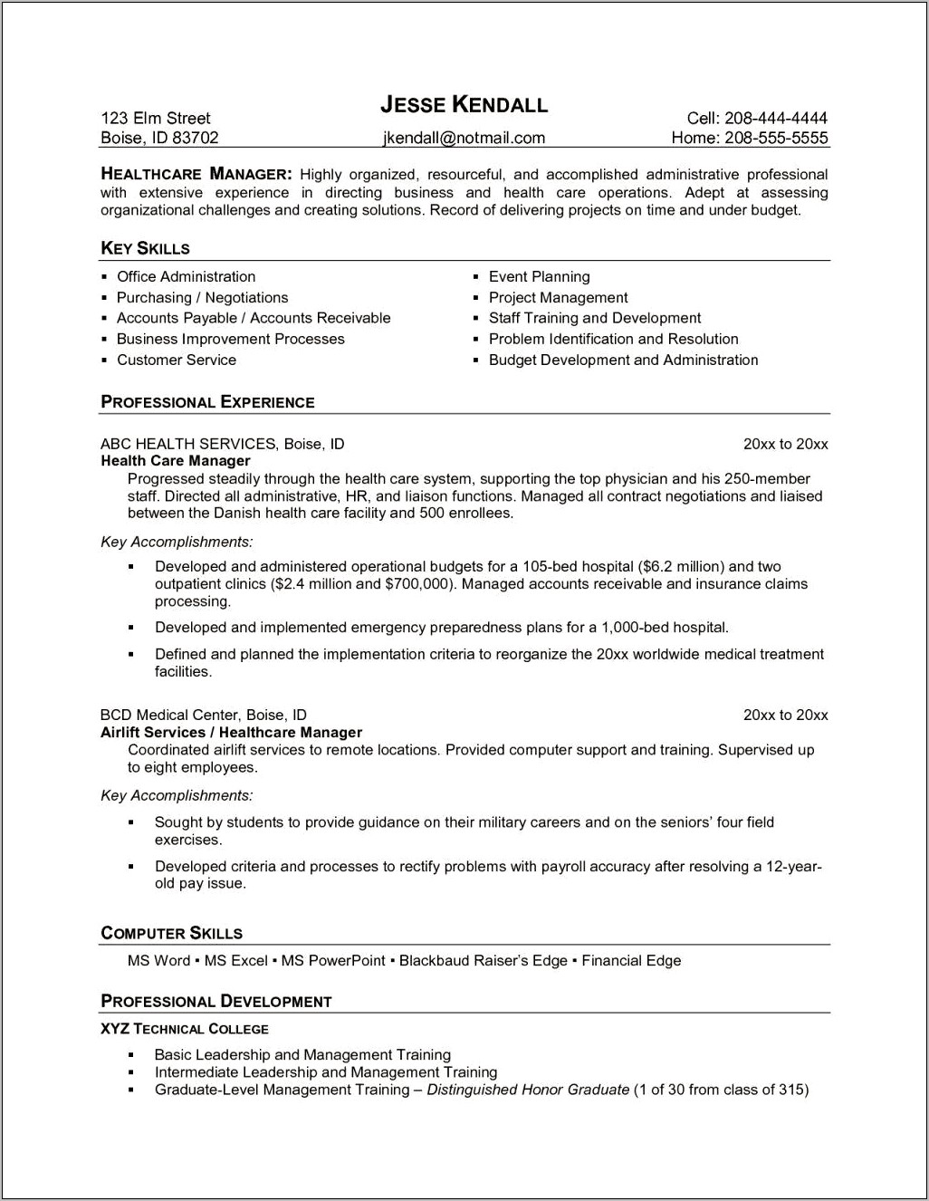 Resume Objective Examples Healthcare Manager