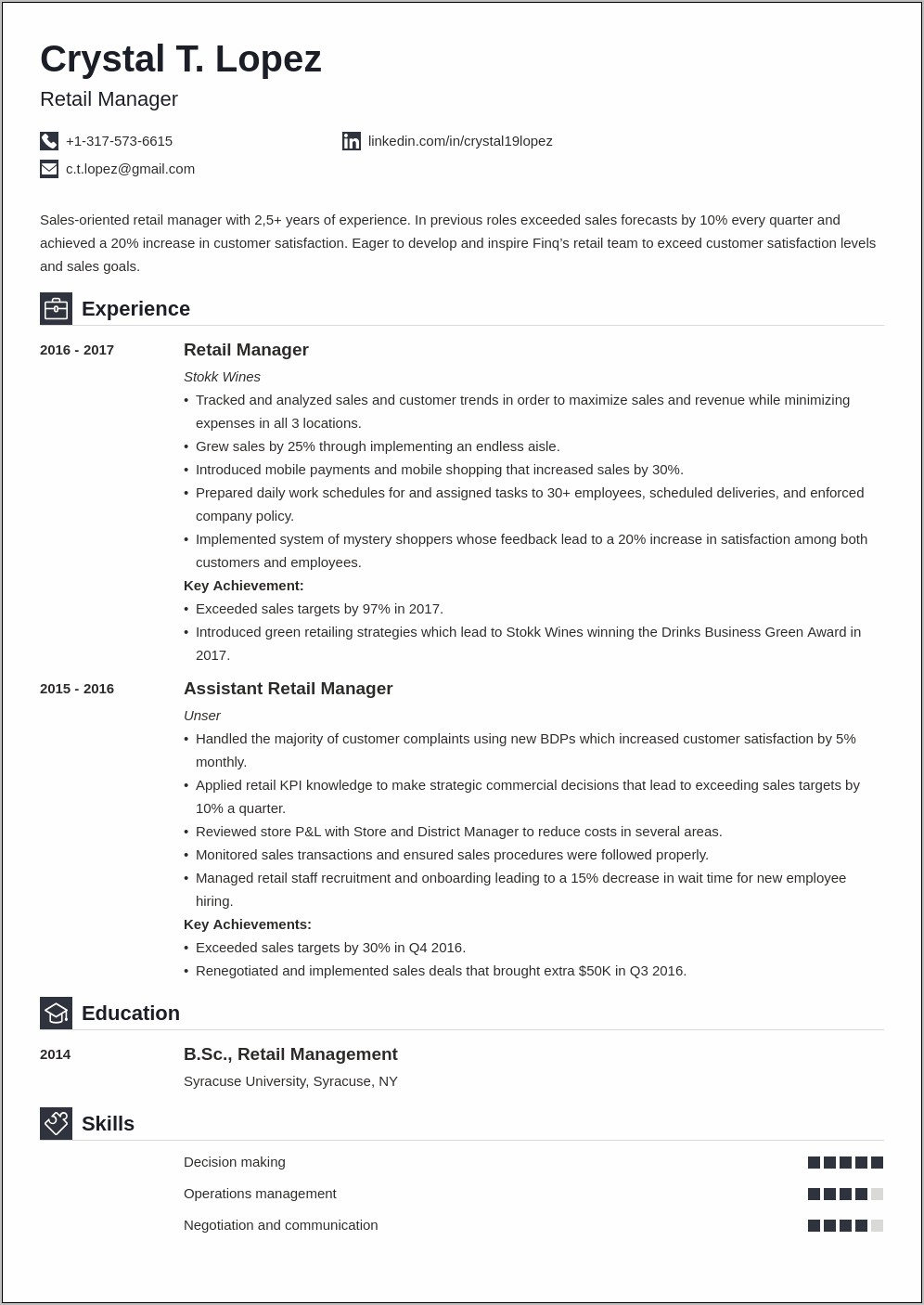 Resume Objective Examples Retail Manager