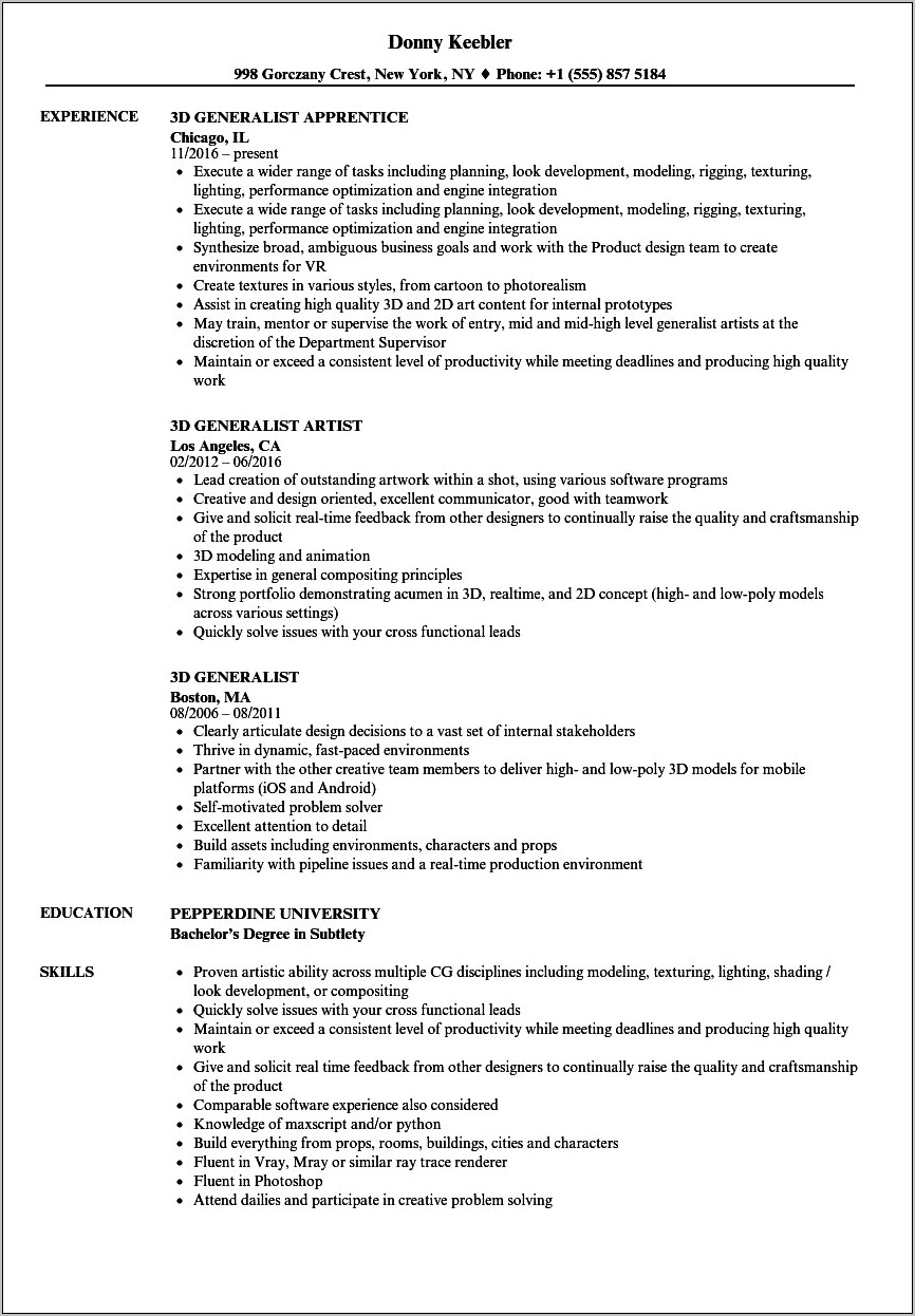 Resume Objective For 3d Artist