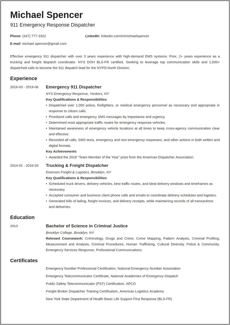 Resume Objective For A Dispatcher