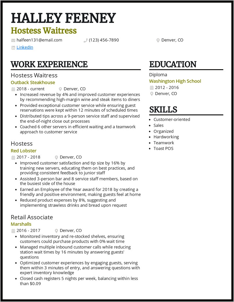 Resume Objective For A Waitress