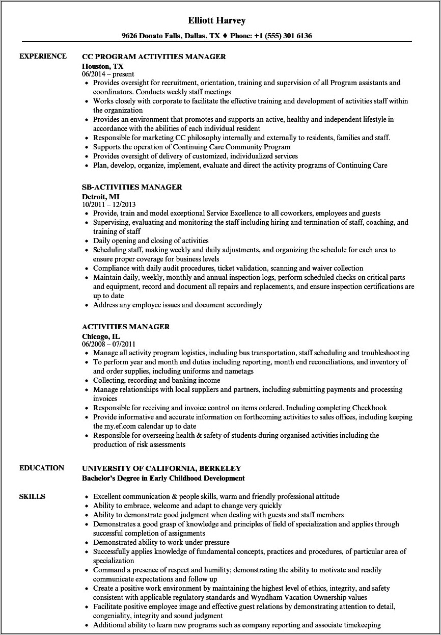 Resume Objective For Activities Director