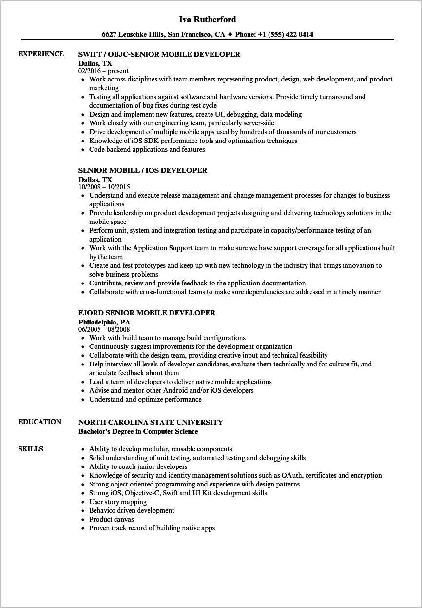 Resume Objective For Android Developer