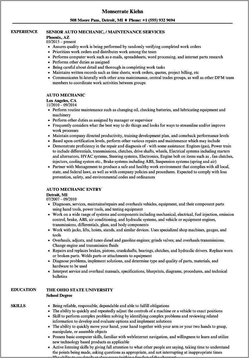 Resume Objective For Automotive Mechanic