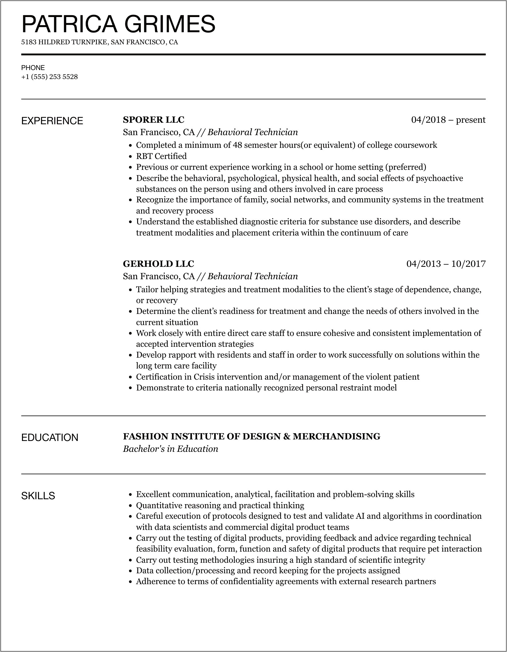 Resume Objective For Behavior Technician
