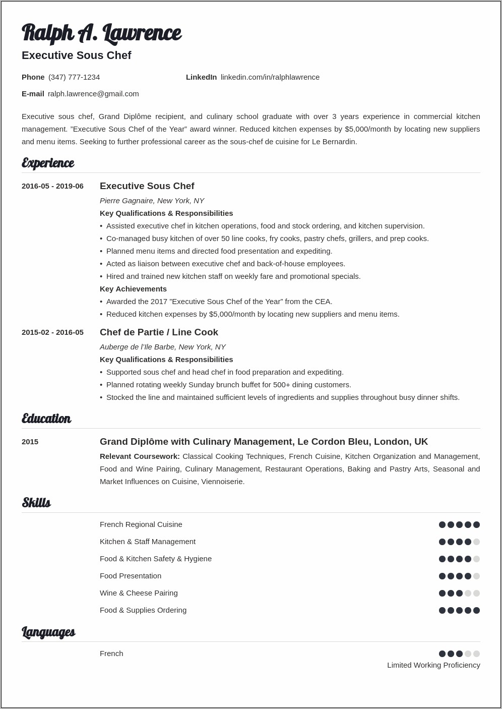 Resume Objective For Chef Position