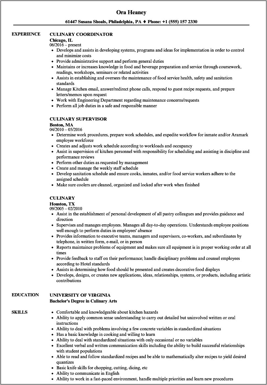 Resume Objective For Culinary Internship
