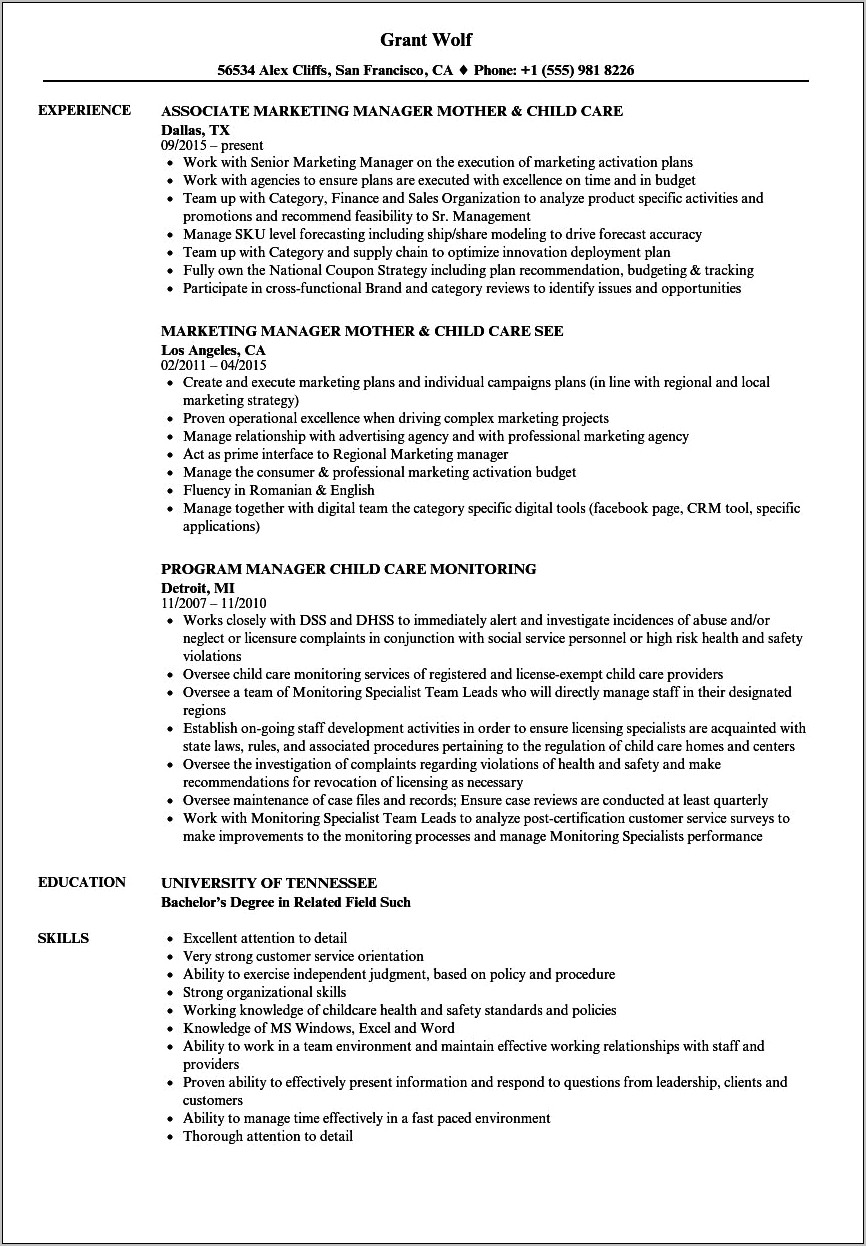 Resume Objective For Daycare Director