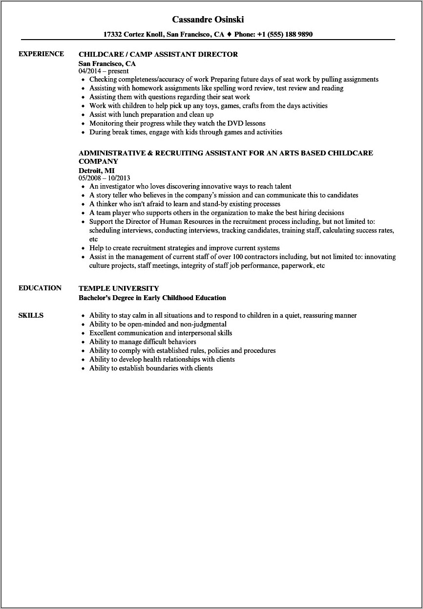 Resume Objective For Daycare Teacher