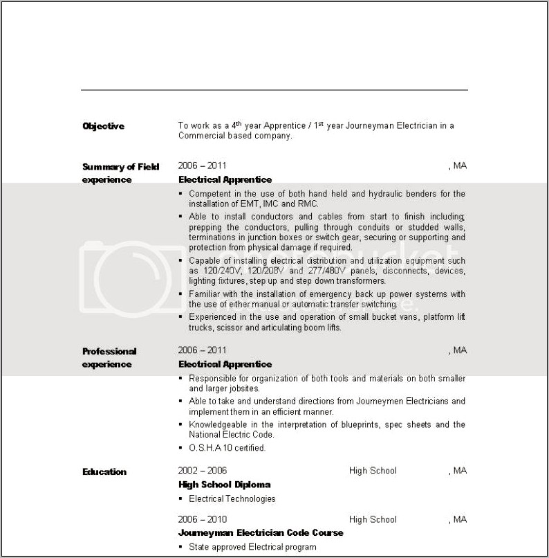 Resume Objective For Electrician Apprentice