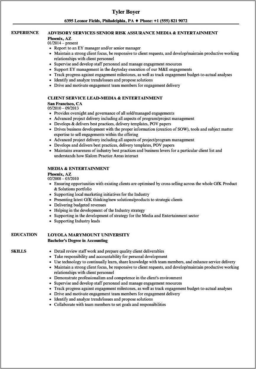 Resume Objective For Entertainment Industry