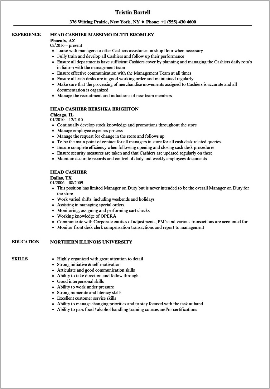 Resume Objective For Head Cashier