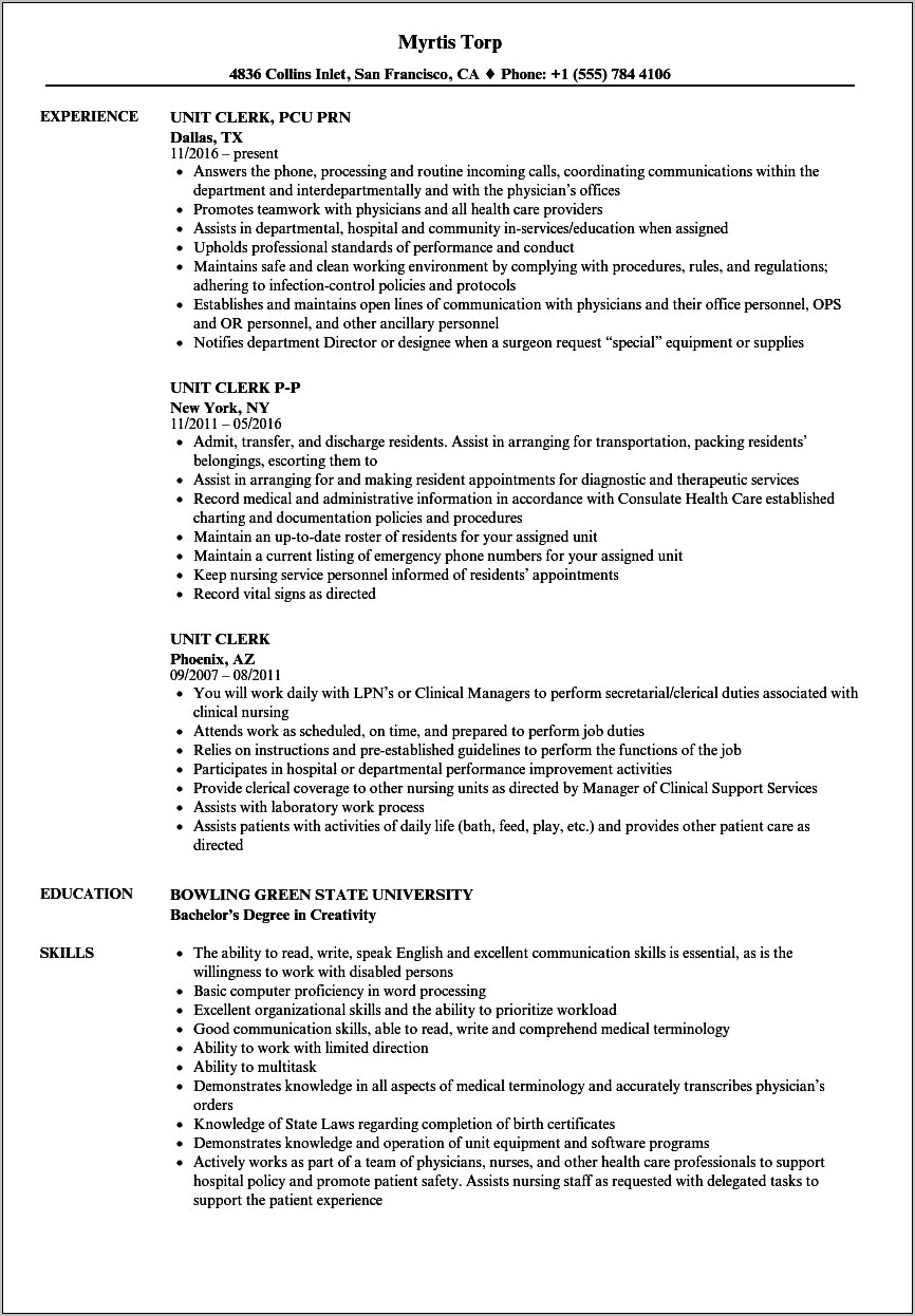 Resume Objective For Hospital Secretary