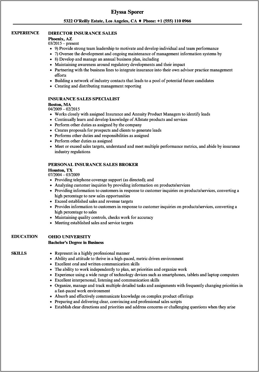 Resume Objective For Insurance Company