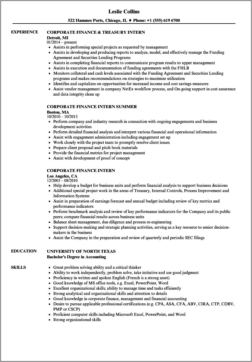 Resume Objective For Internship Finance