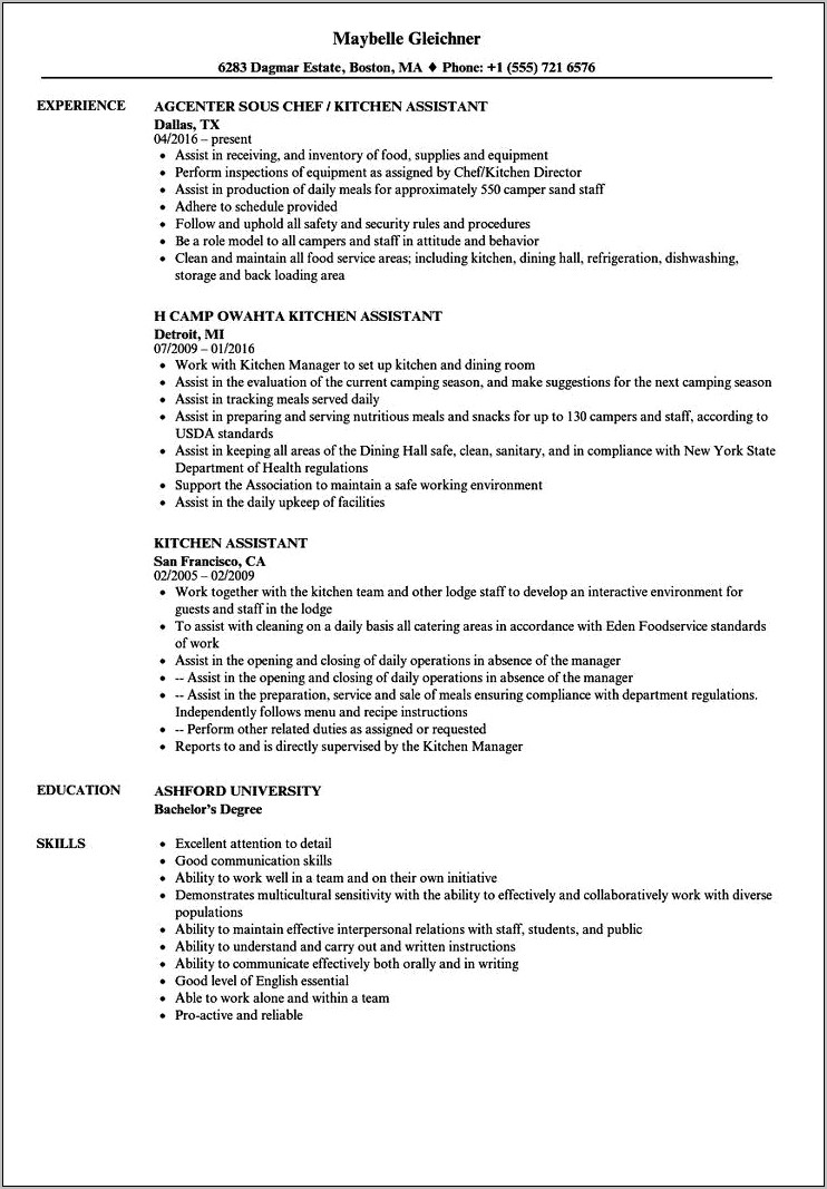 Resume Objective For Kitchen Staff