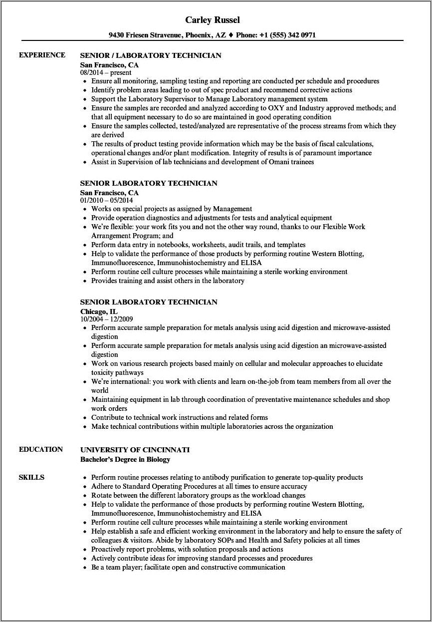 Resume Objective For Laboratory Supervisor