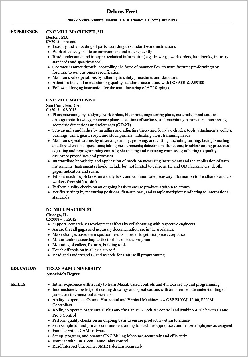 Resume Objective For Machinist Job