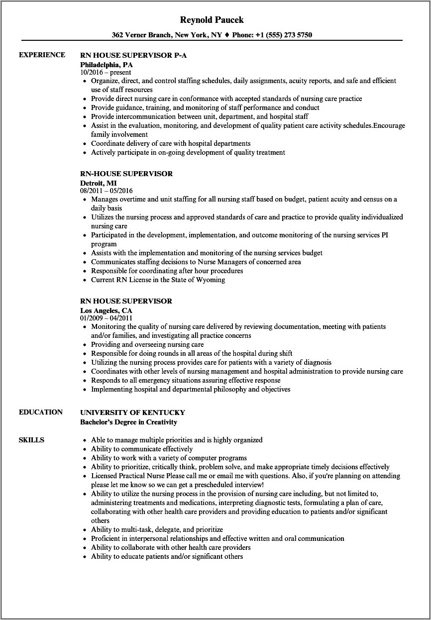 Resume Objective For Nursing Supervisor