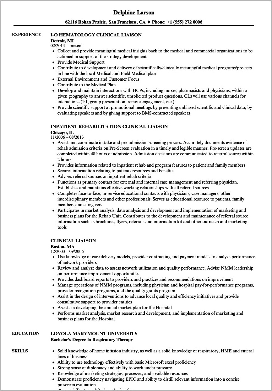 Resume Objective For Physician Liaison