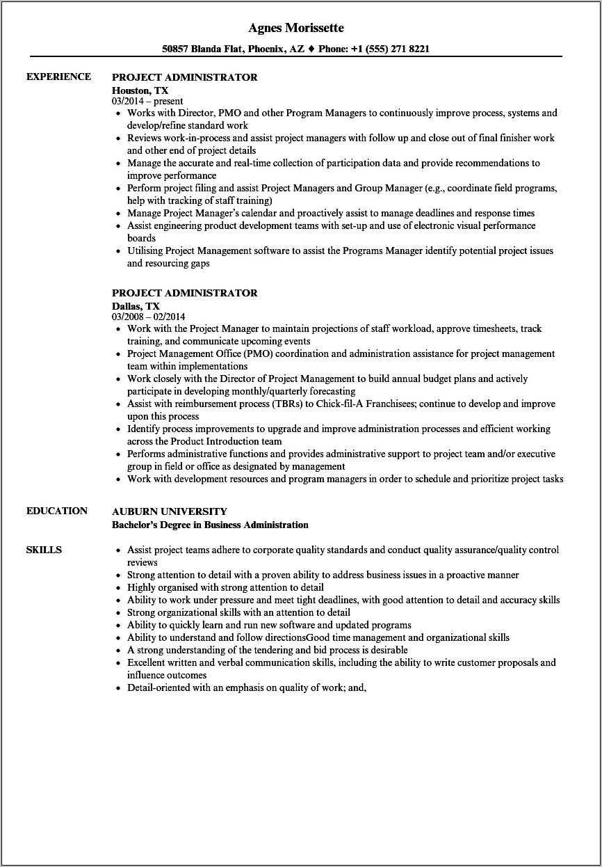 Resume Objective For Project Administrator