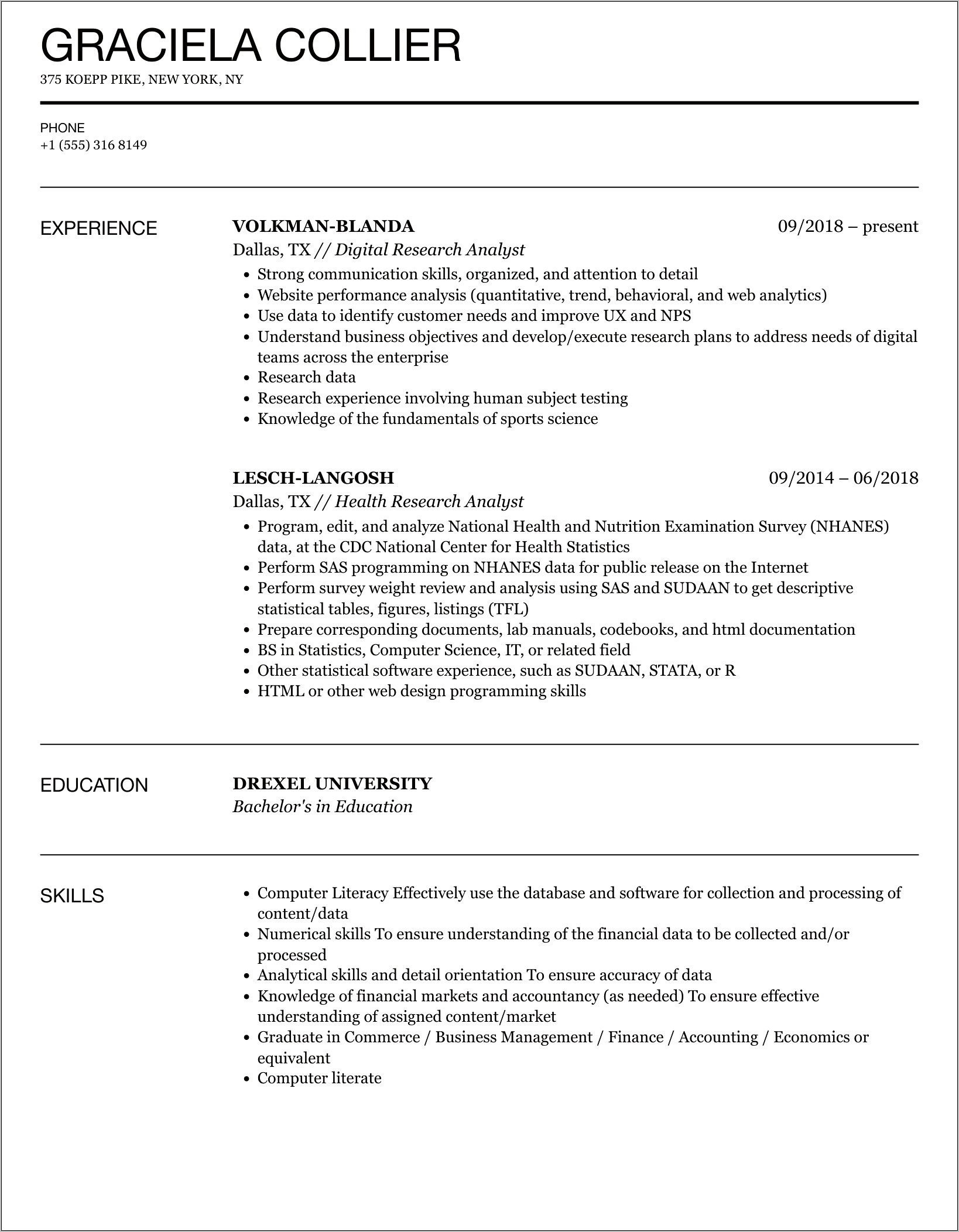 Resume Objective For Research Analyst