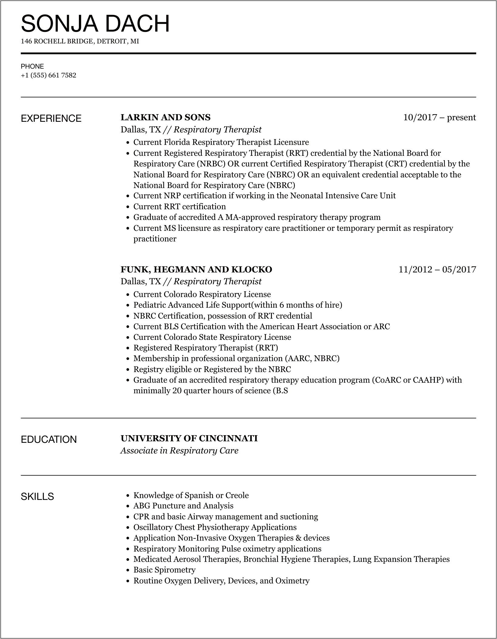 Resume Objective For Respiratory Therapist