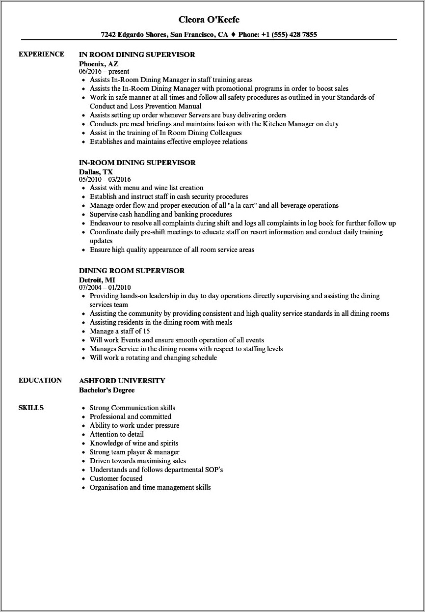 Resume Objective For Restaurant Supervisor