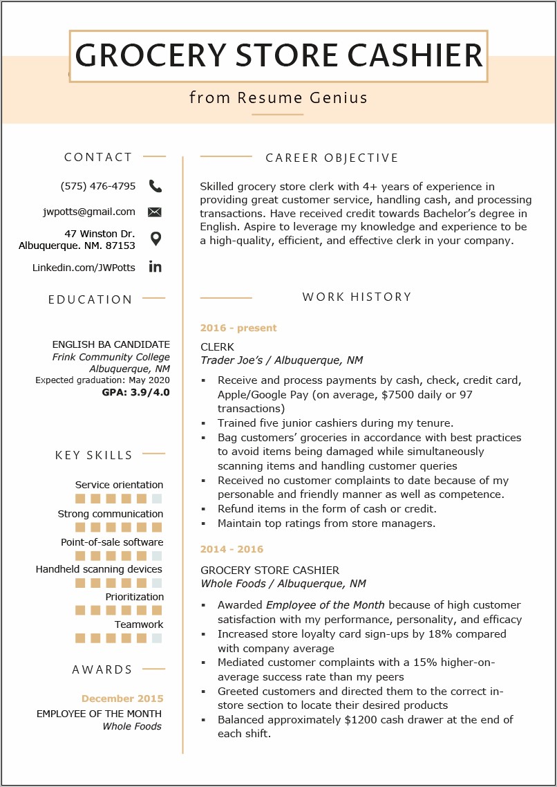 Resume Objective For Retail Cashier