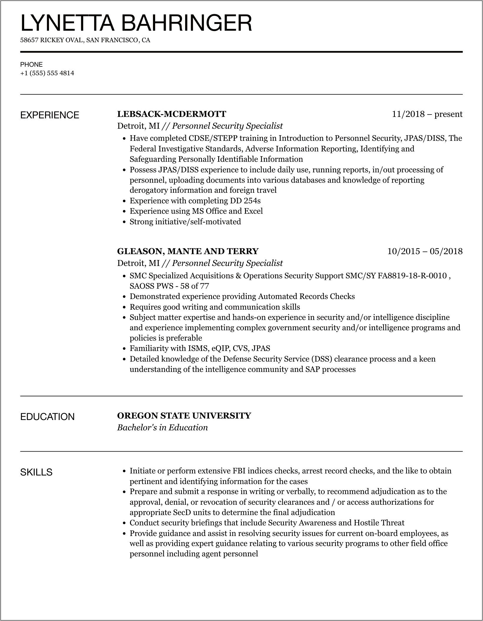 Resume Objective For Security Specialist