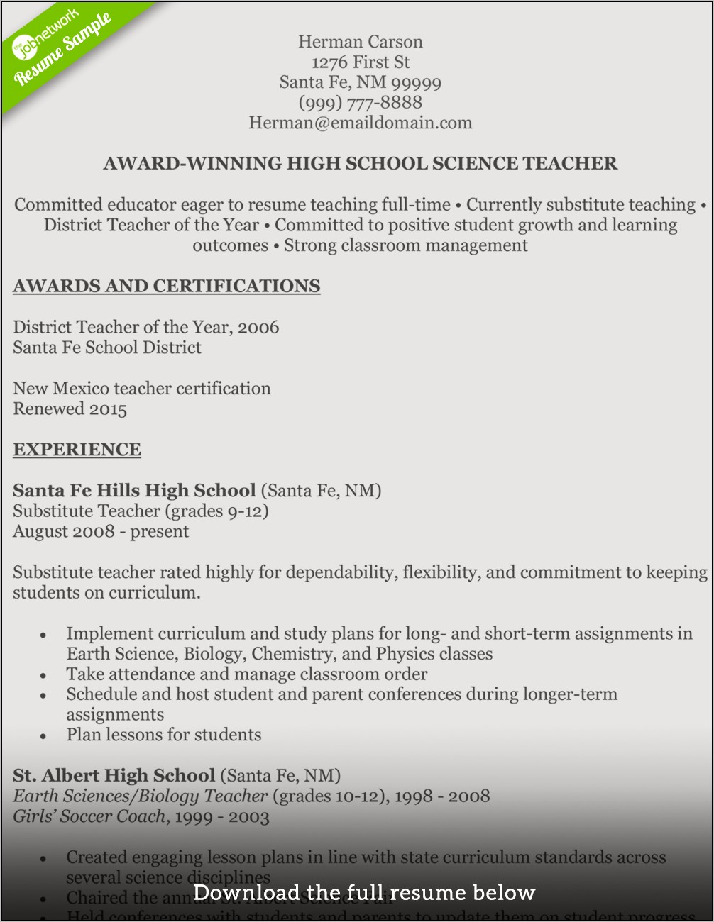 Resume Objective For Substitue Teacher