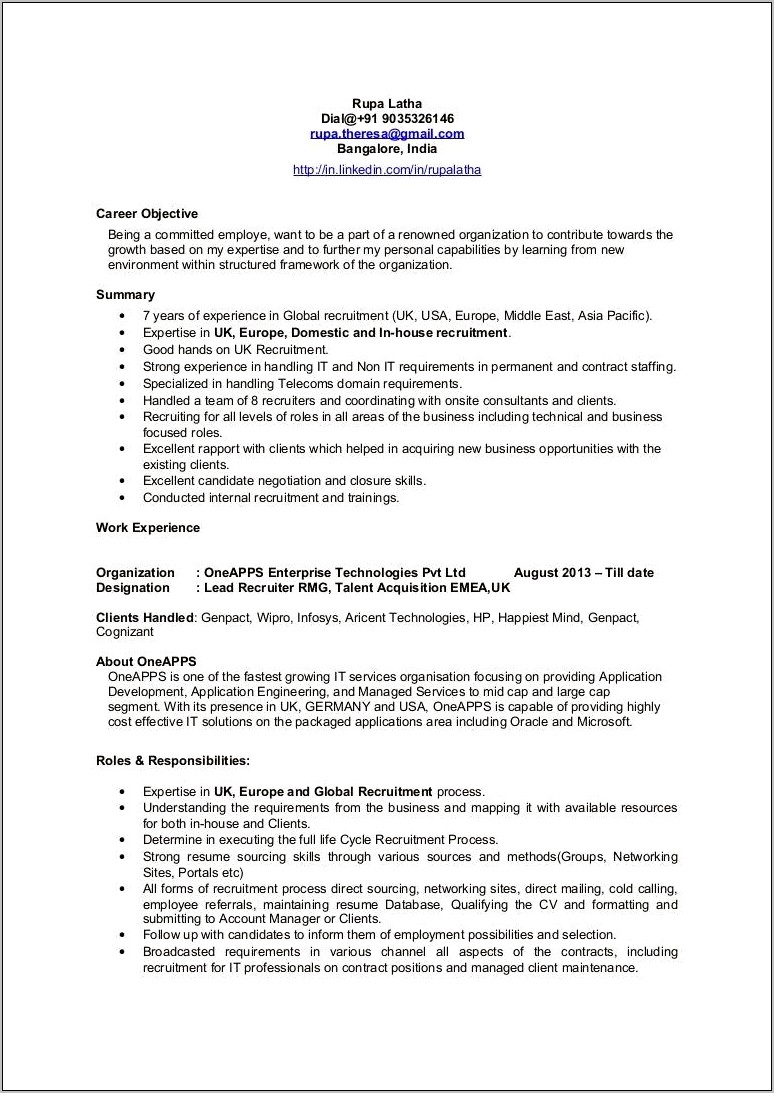 Resume Objective For Talent Acquisition