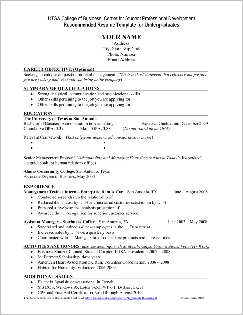 Resume Objective For Undergraduate Student