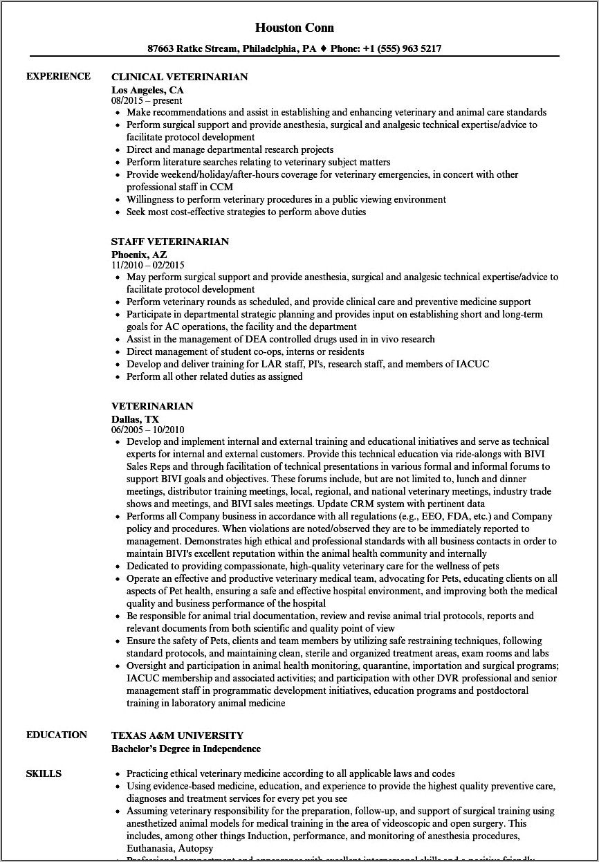 Resume Objective For Veteranarian Student