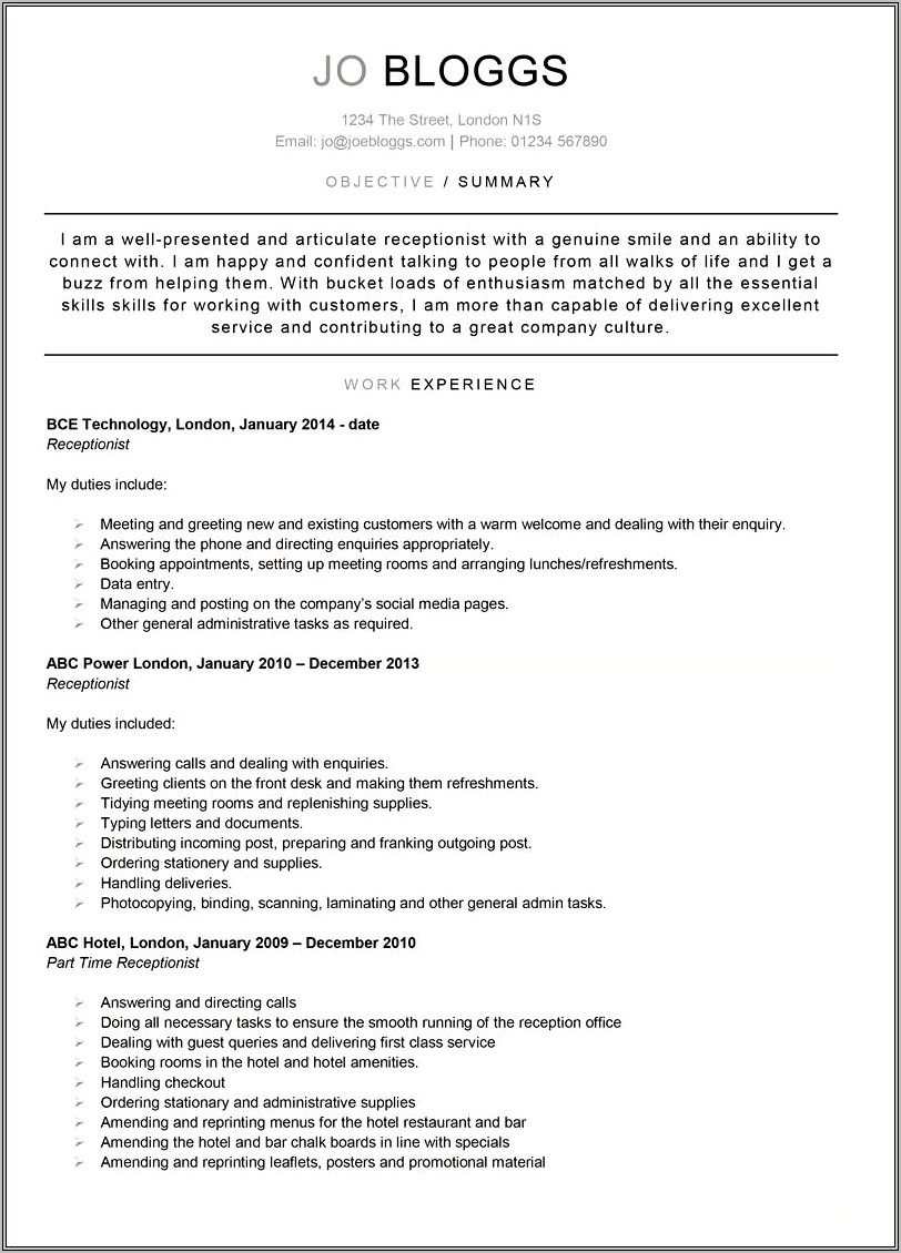 Resume Objective For Veterinary Receptionist