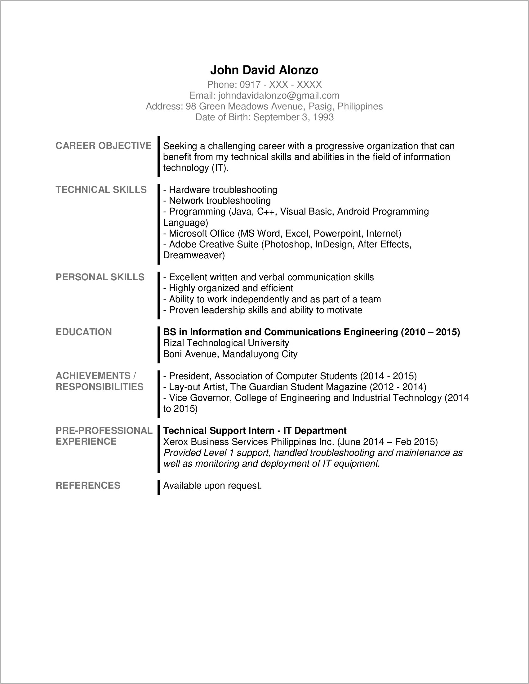 Resume Objective Out Of College