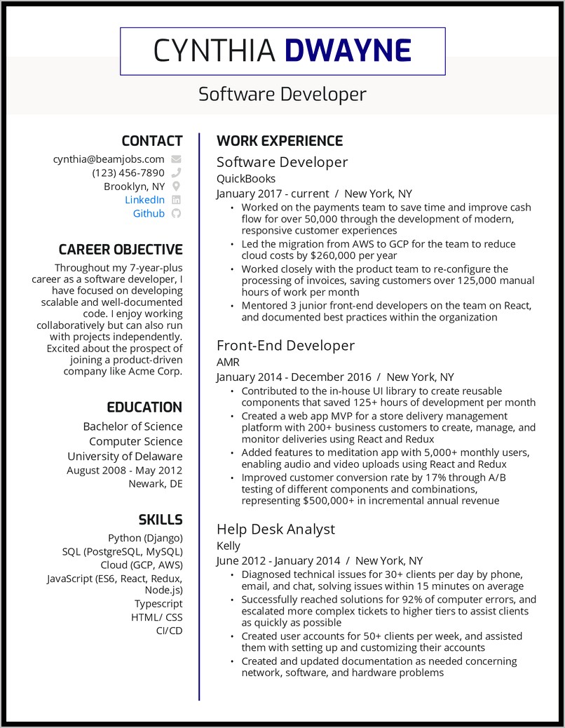 Resume Objective Software Developer Fresher