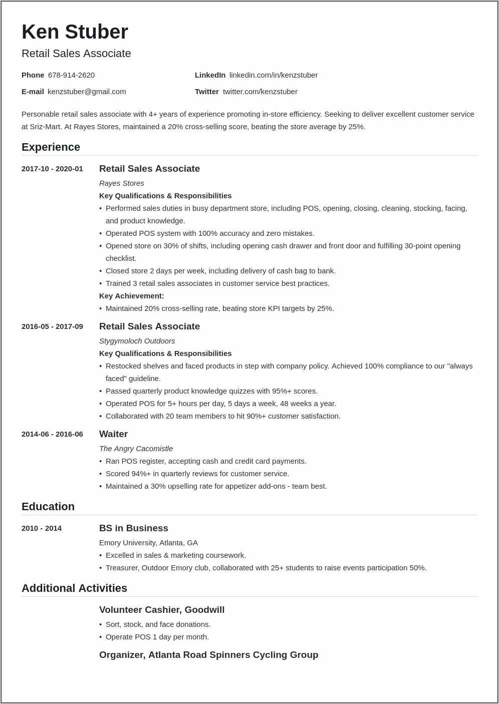 Resume Objective Statement Retail Example