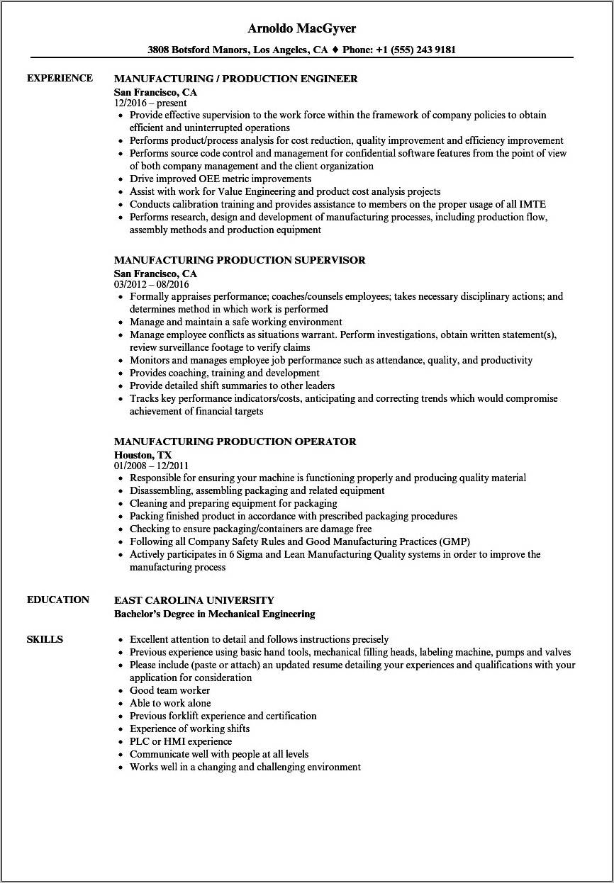 Resume Objective Statements For Manufacturing
