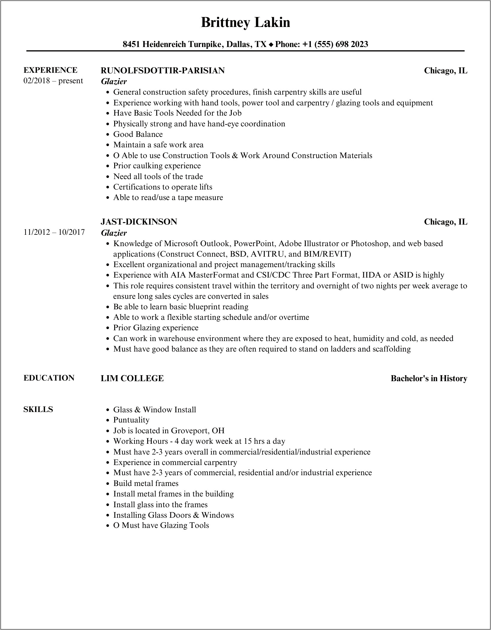 Resume Objective Statements Glazing Industry