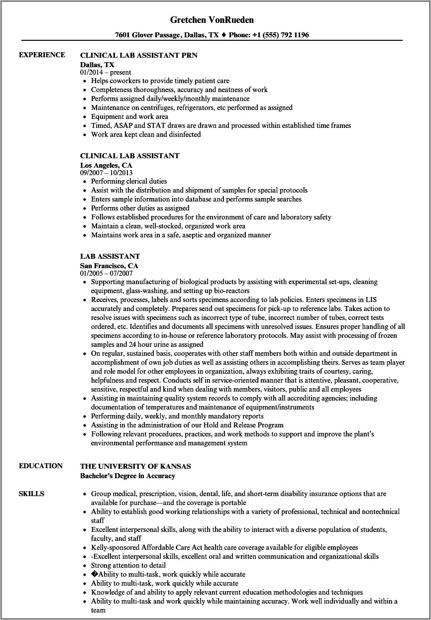 Resume Objectives Example Lab Assistant