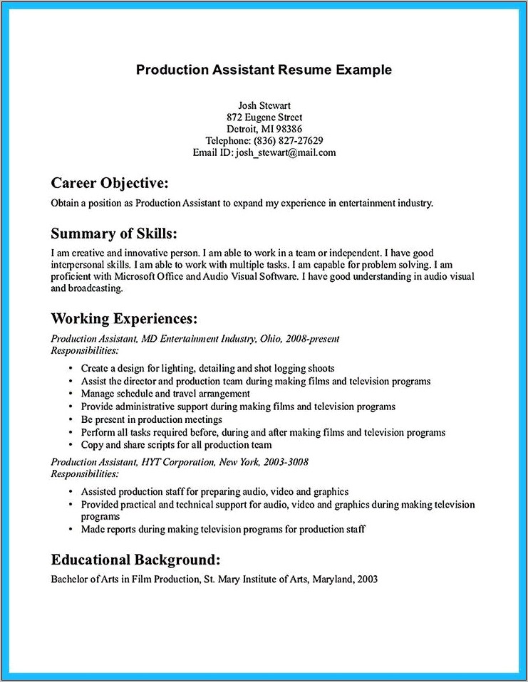 Resume Objectives Film Production Assistant