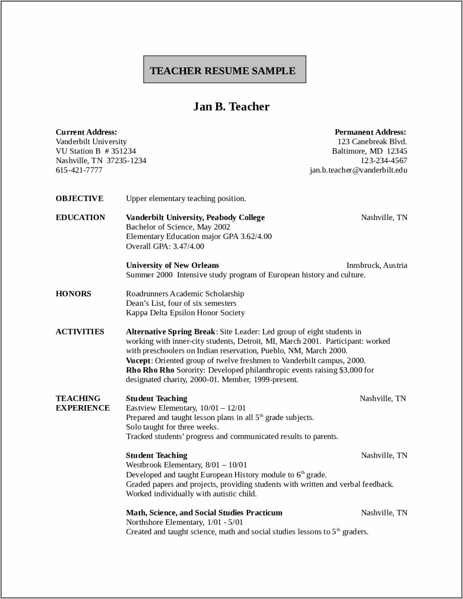 Resume Objectives For A Teacher